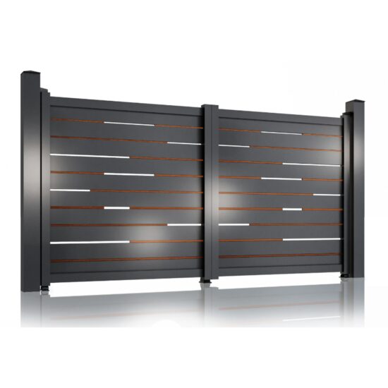 Poartă auto batantă aluminiu 3000 × 1800 mm – Ragnar, inserții tip lemn
